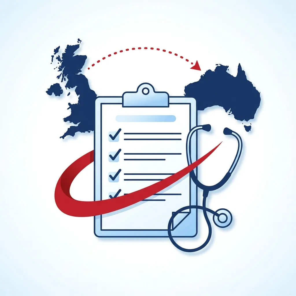 A clipboard with a checklist and stethoscope, with dotted arc connecting the UK to Australia, representing AHPRA application guidance